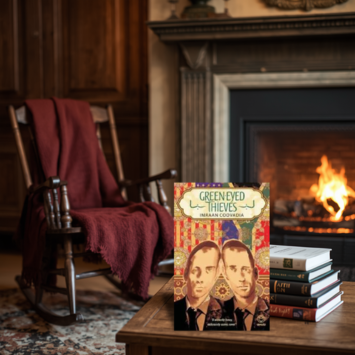 A book titled 'Greeneyed Thieves' by Michael Conlan stands on a wooden table in a cozy room with a burning fireplace, a rocking chair draped with a red blanket, and a stack of books behind it.