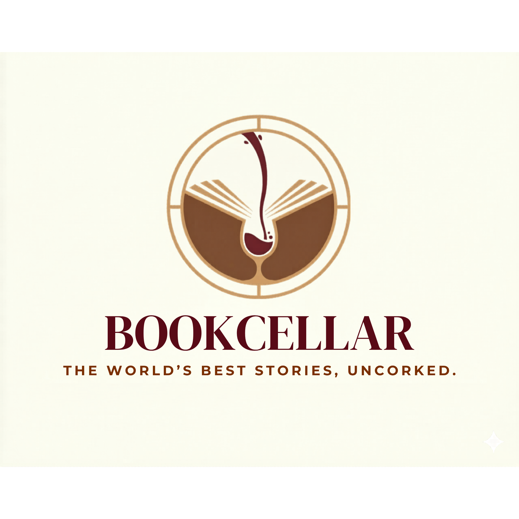 BookCellar logo with a design of an open book and a cork, on a beige background.