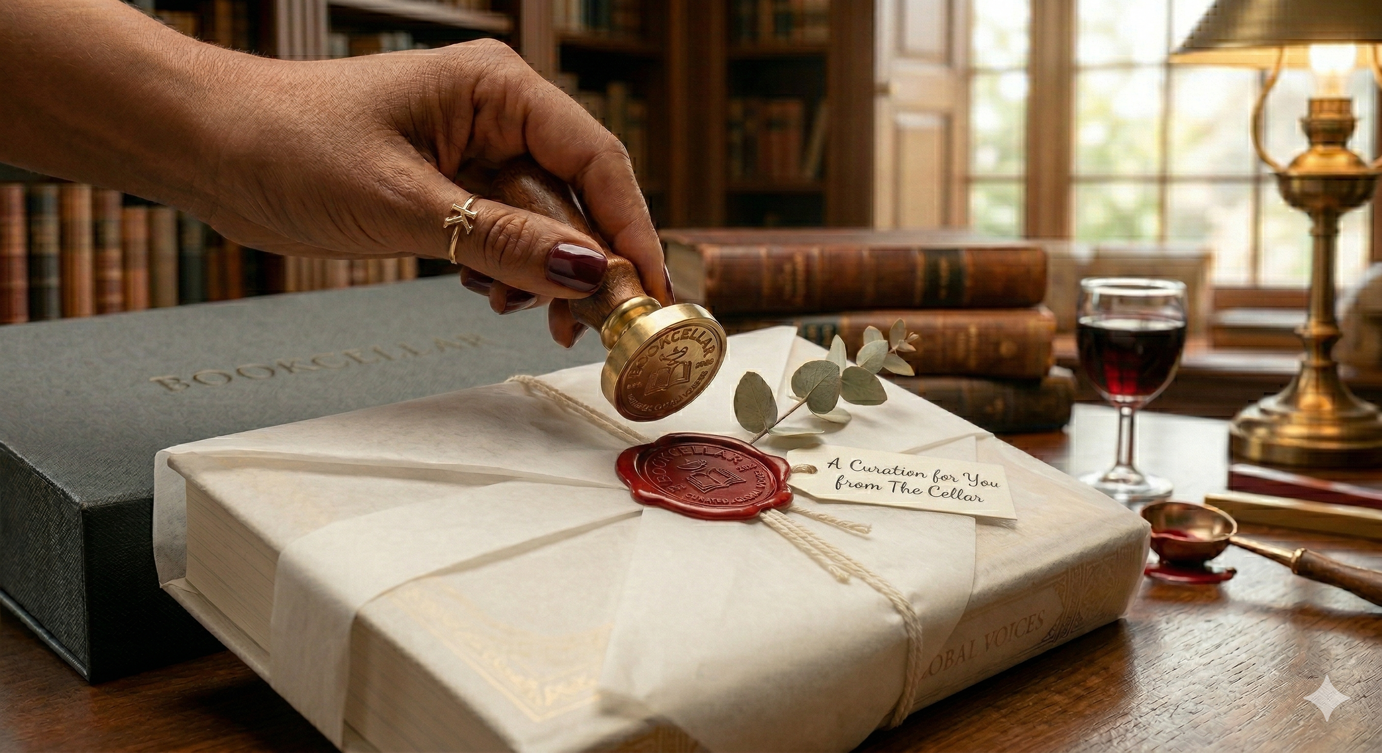Hand sealing a letter with a wax stamp on a table with books and a glass of wine in the background
