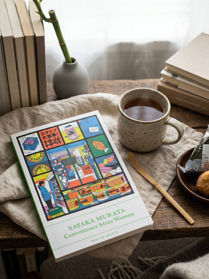 Book titled 'Convenience Store Woman' by Sayaka Murata on a wooden table with a cup of coffee and snacks.