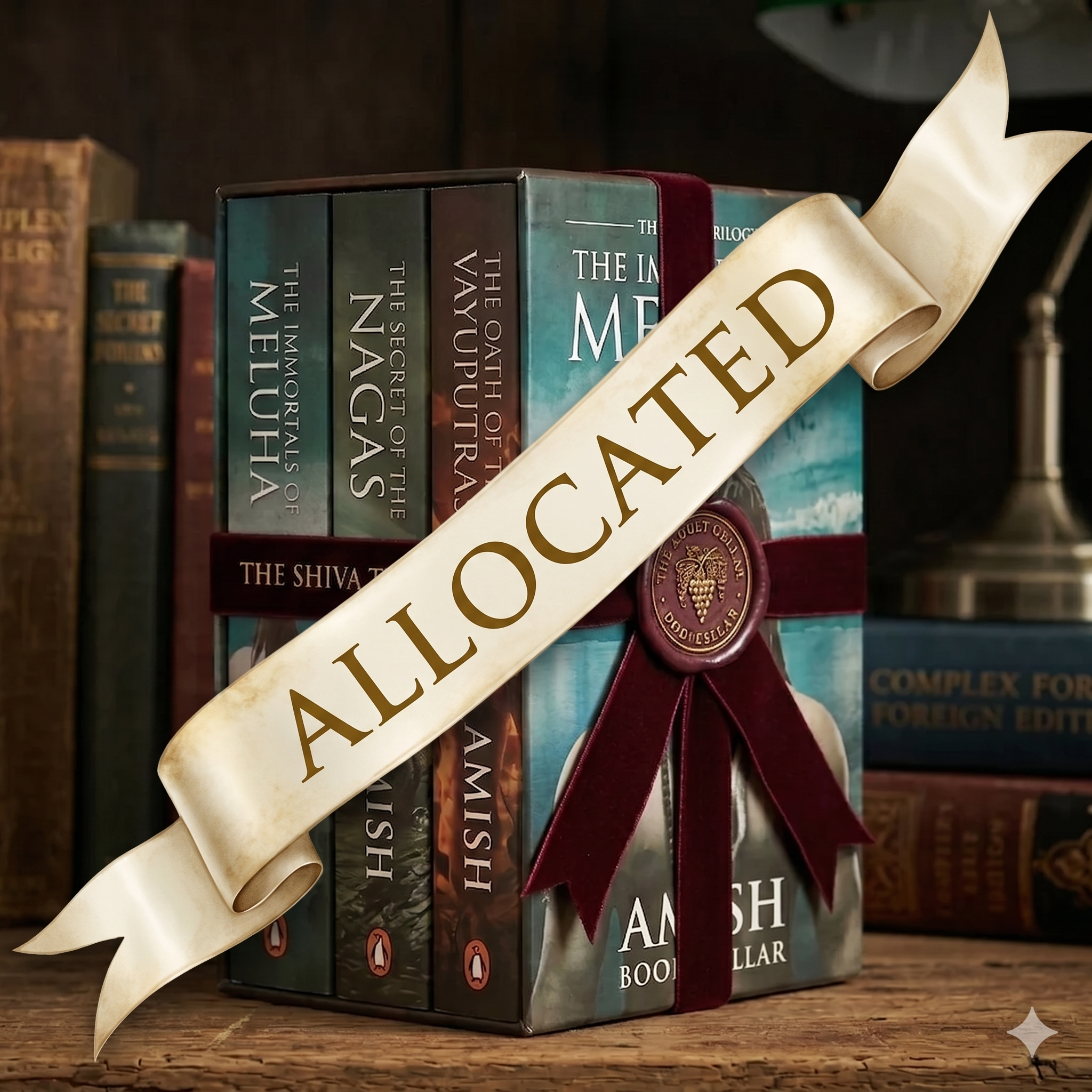 Stack of books with a decorative ribbon labeled 'Allocated' on a wooden surface.