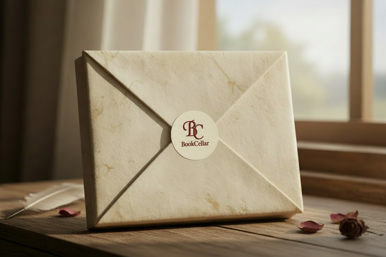 Beige envelope with BookCellar logo on a wooden surface with feathers and rose petals.