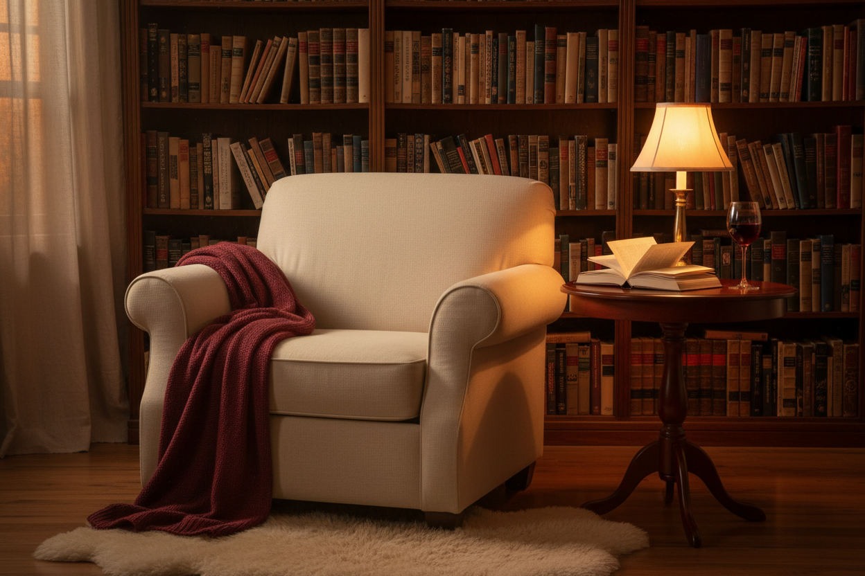 Cozy reading nook with a chair, lamp, and bookshelf filled with books.