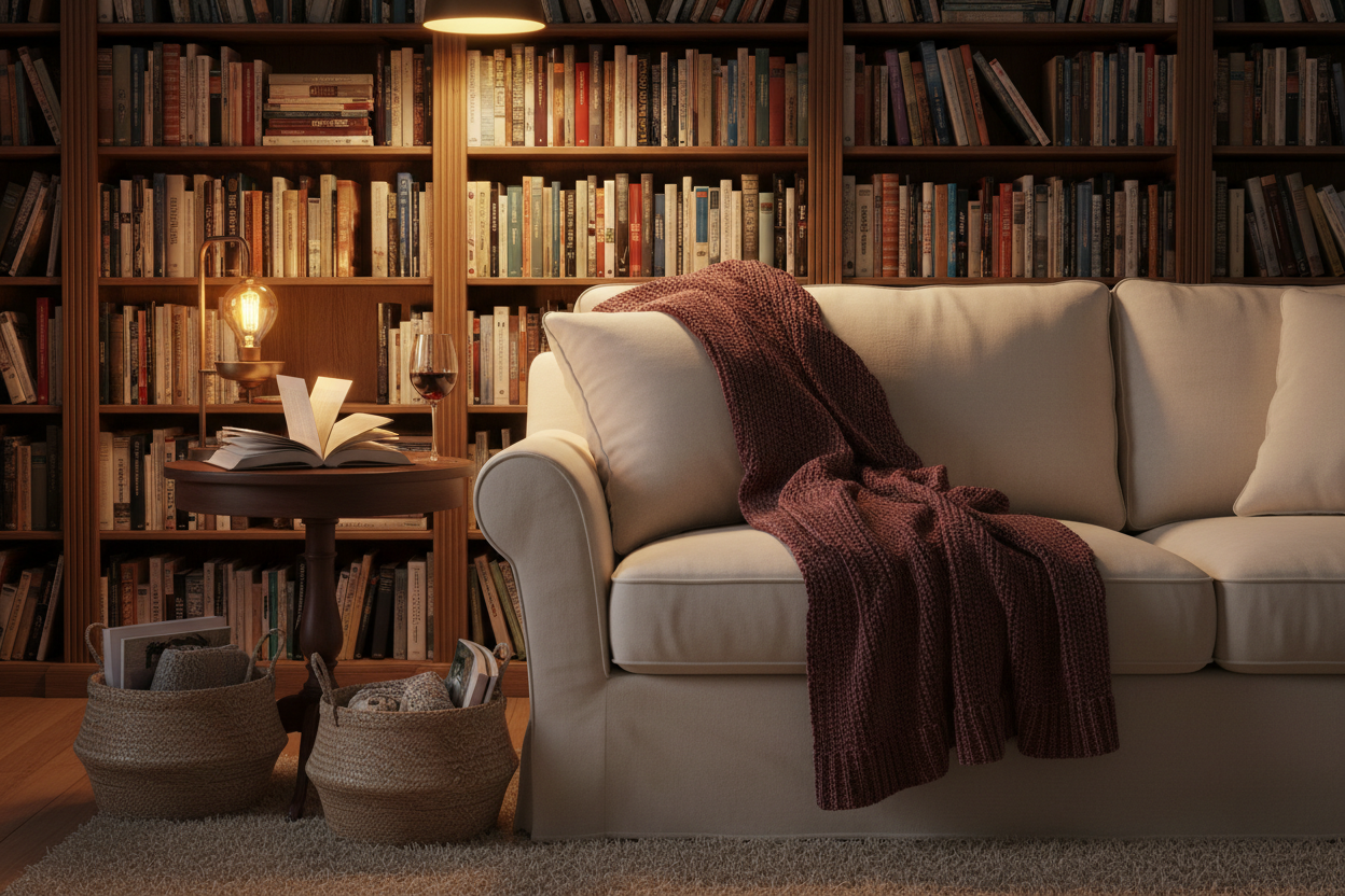 Cozy living room with a beige sofa, bookshelves filled with books, and a warm lamp.