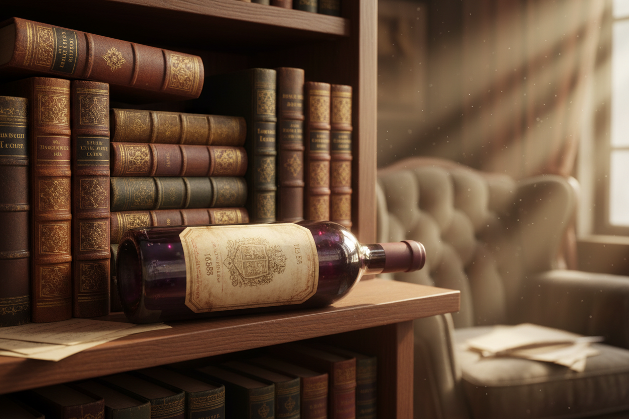 Wine bottle on a bookshelf with vintage books