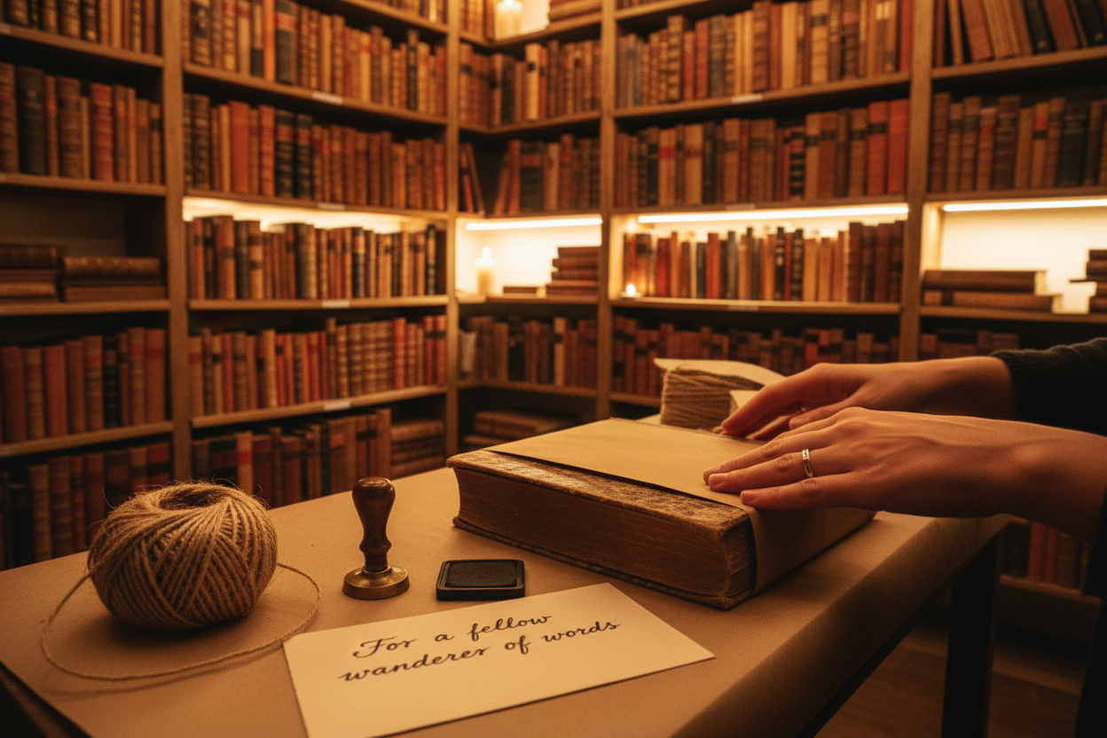 Books and Heart - Online Store.  Person holding an open book in a library with shelves filled with books.