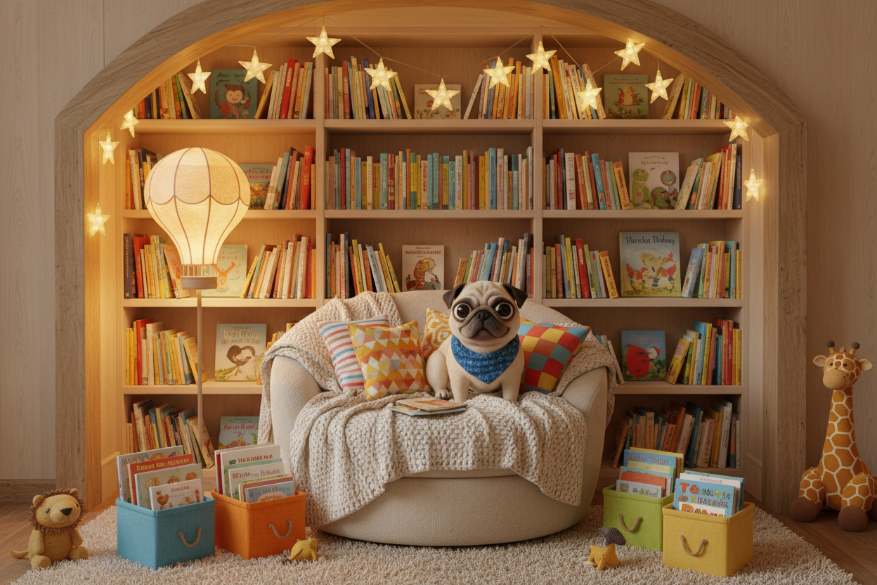 The Sweet reserve - Pug in a cozy room with bookshelves, toys, and decorative lights.