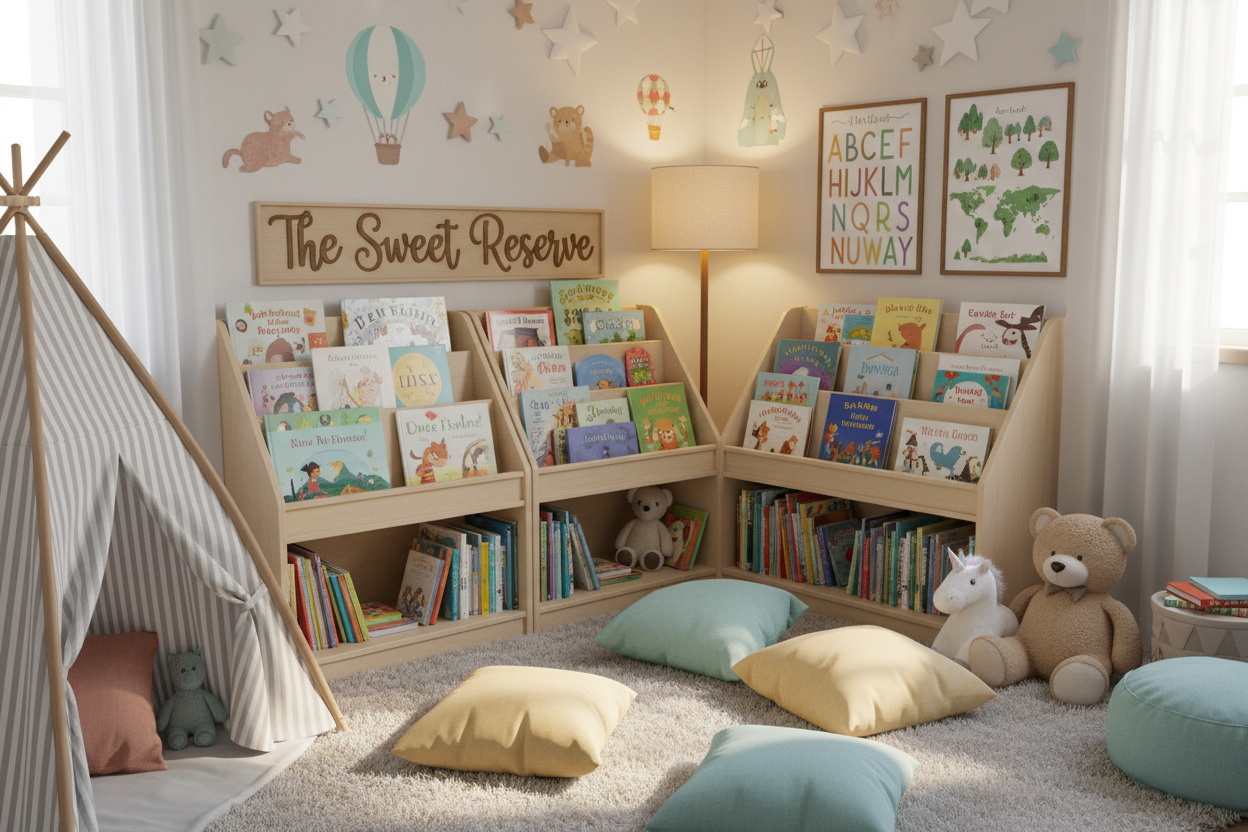 Children's room with bookshelves, books, and toys in a cozy setting.